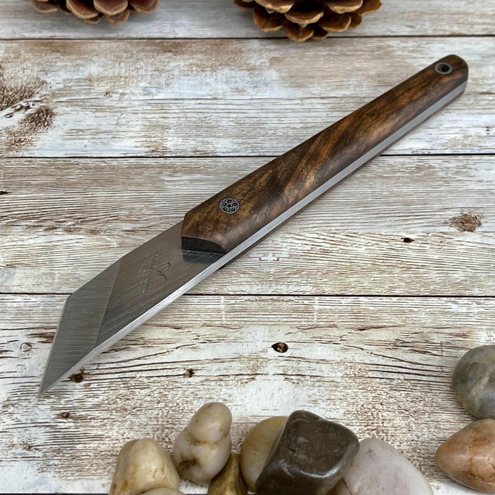 Kiridashi Wood Carving Knife N690 Steel Blade Walnut Wood Handle w Leather Case