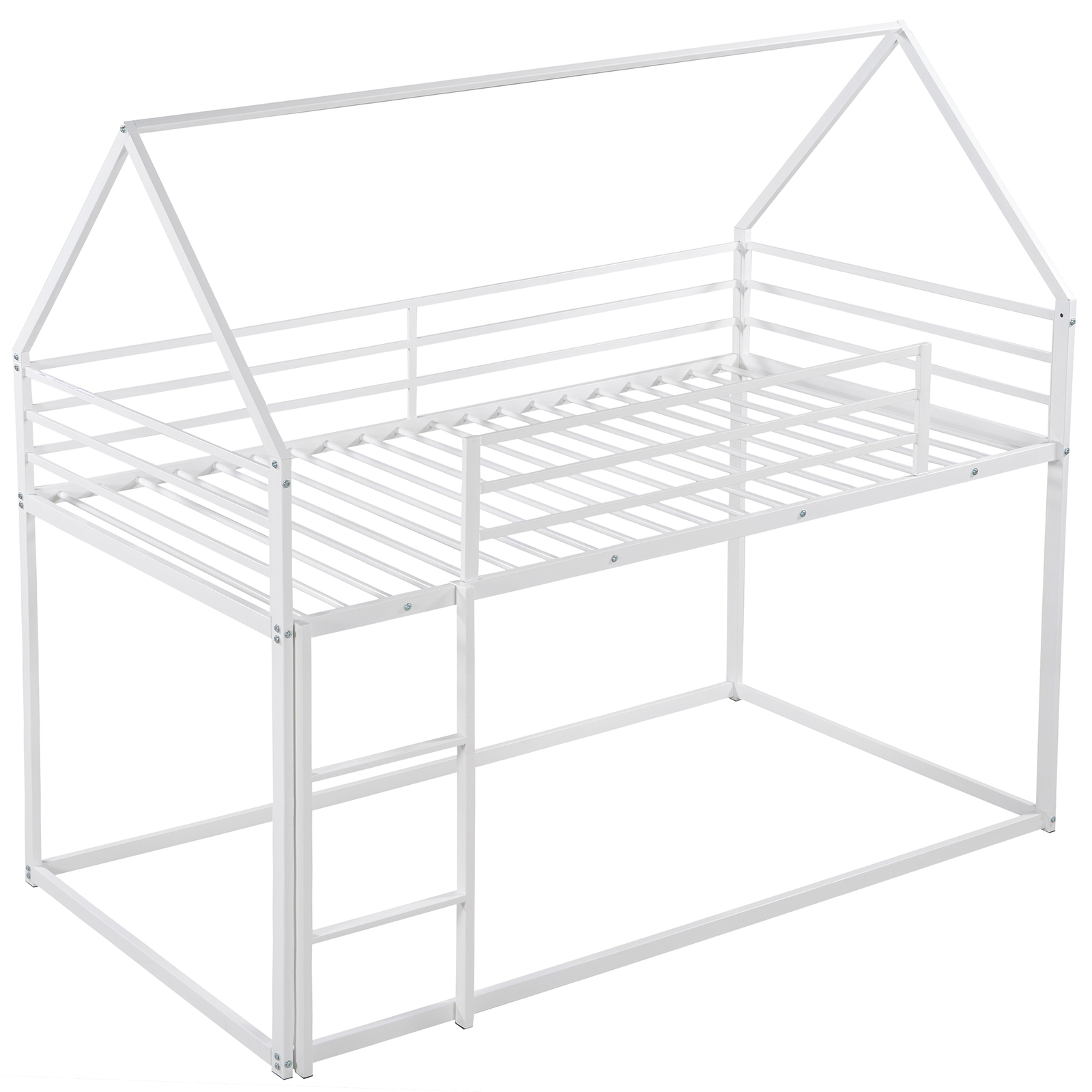 Twin over Twin Size House Bunk Bed Frame Built-in Ladder /Guardrail Bedrom White