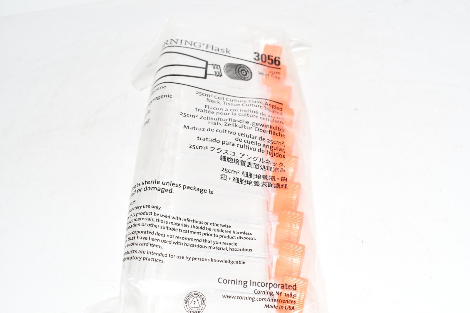 Pack of 10 NEW Corning 3056 25cm cell culture flask angled neck 50mL