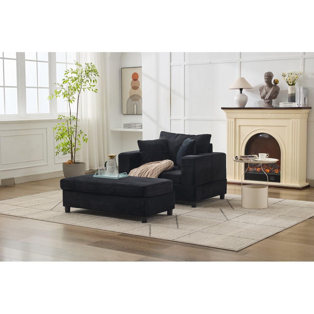 Modern Chaise Lounge Chair w/ Removable Ottoman & Pillows, Black Corduroy