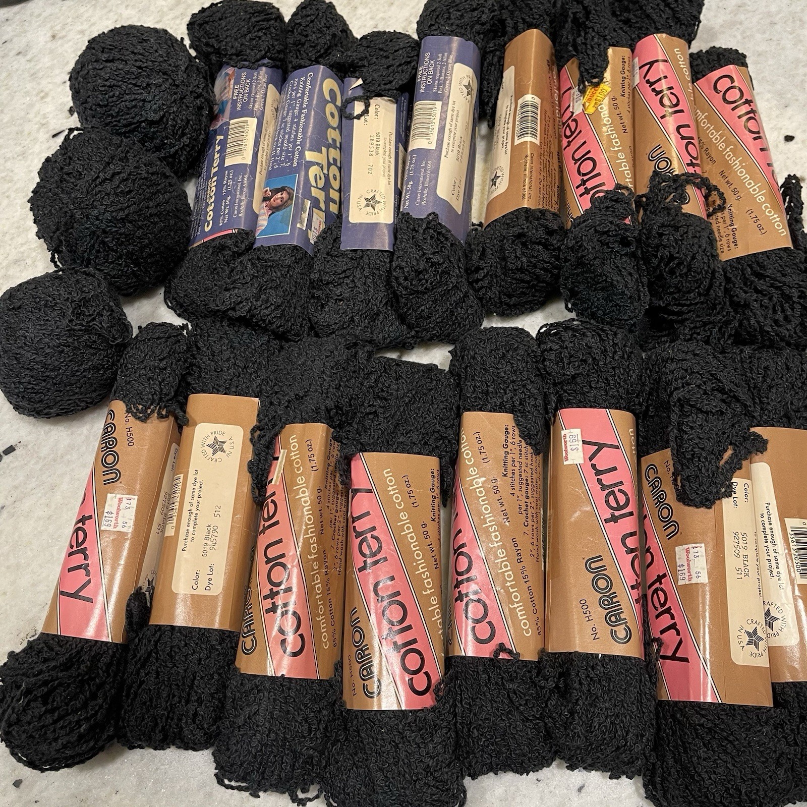 CARON Cotton Terry Yarn 16 Skeins #5019 Black Vintage Dye Lots 511 512 702 H500