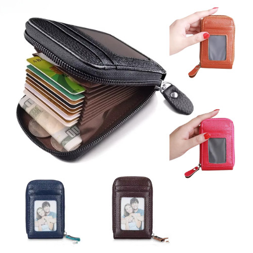 RFID Blocking Leather Credit Card Holder Slim Zipper Pocket Wallet ID Window Men