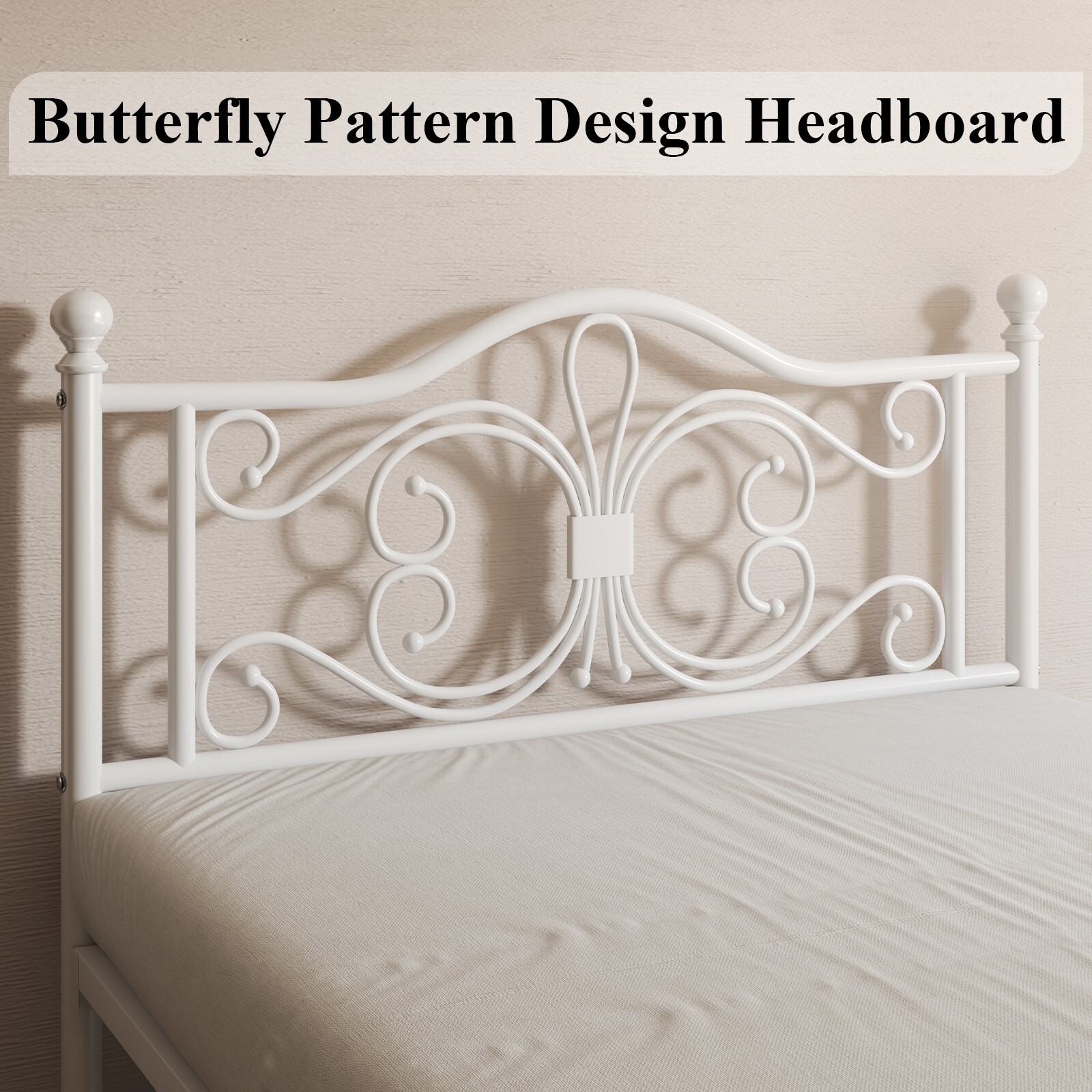 Queen Size Bed Frame with Butterfly Pattern Design Strong Metal Slats Support
