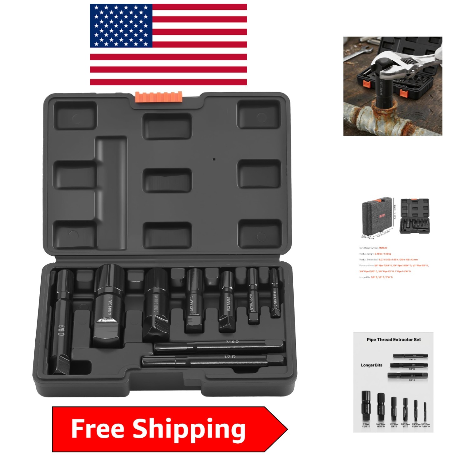9-Piece Heavy-Duty Pipe Extractor Set in Cr-Mo Steel for 1/8" to 1" Pipes
