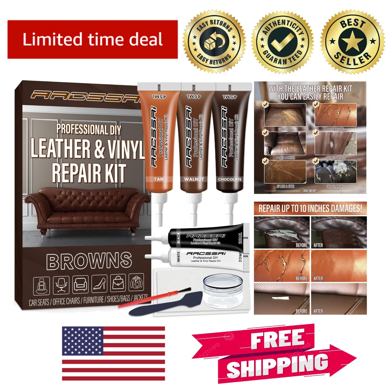 Brown Leather Repair Kit - Easy Use for Furniture, Cars & Jackets, Waterproof