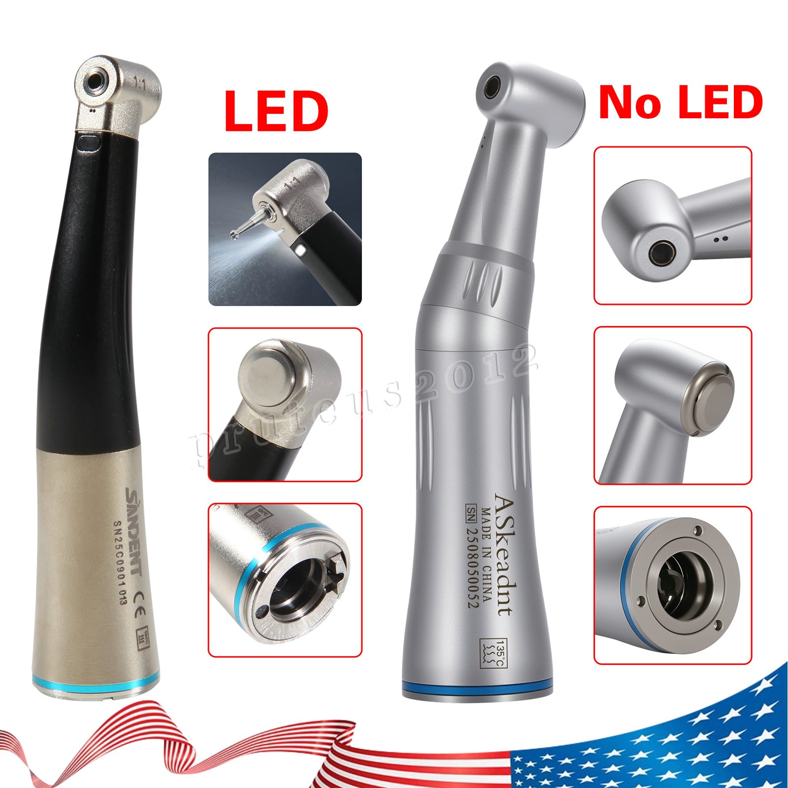 Dental 1:1 Slow Low Speed / Fiber Optic LED Contra Angle Handpiece E-Type