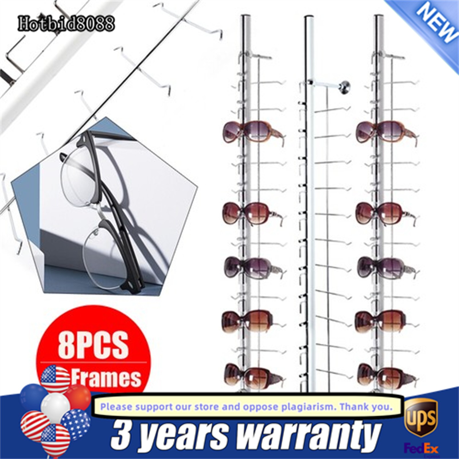 8PCS Eyeglasses Storage Rack Hold 12 Frames Optical Frames Display Rod w/ Lock