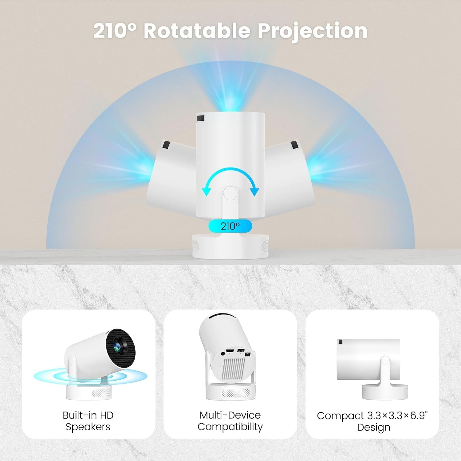 Eran Mini Projector: Bluetooth 5.4, WiFi6, and 360° Projection Flexibility