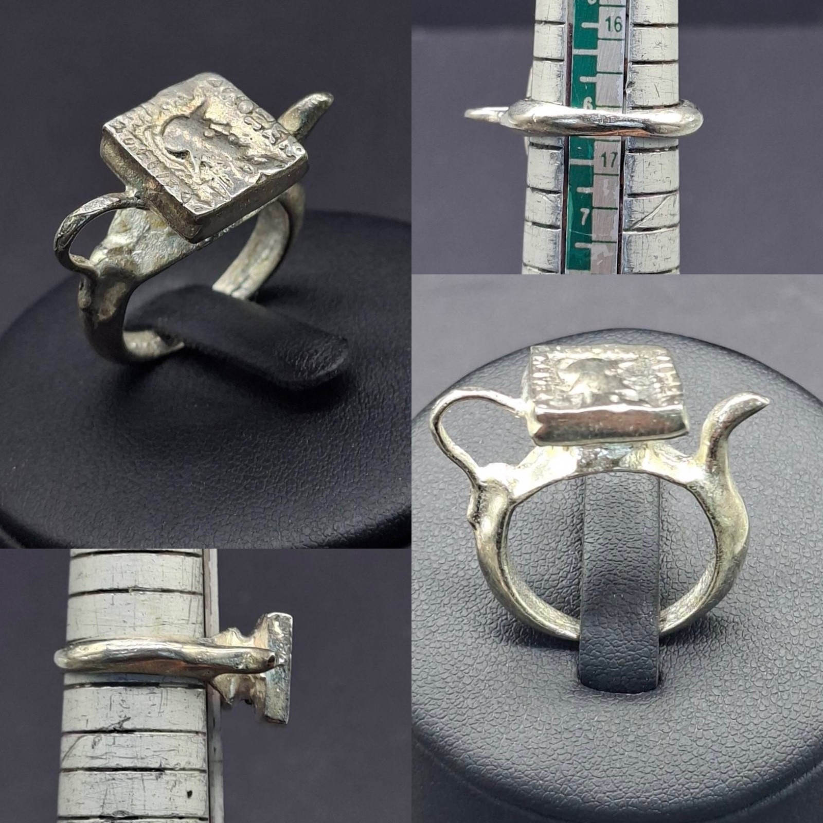 vintage-style ring featuring a square, textured face plate Roman Greco coin