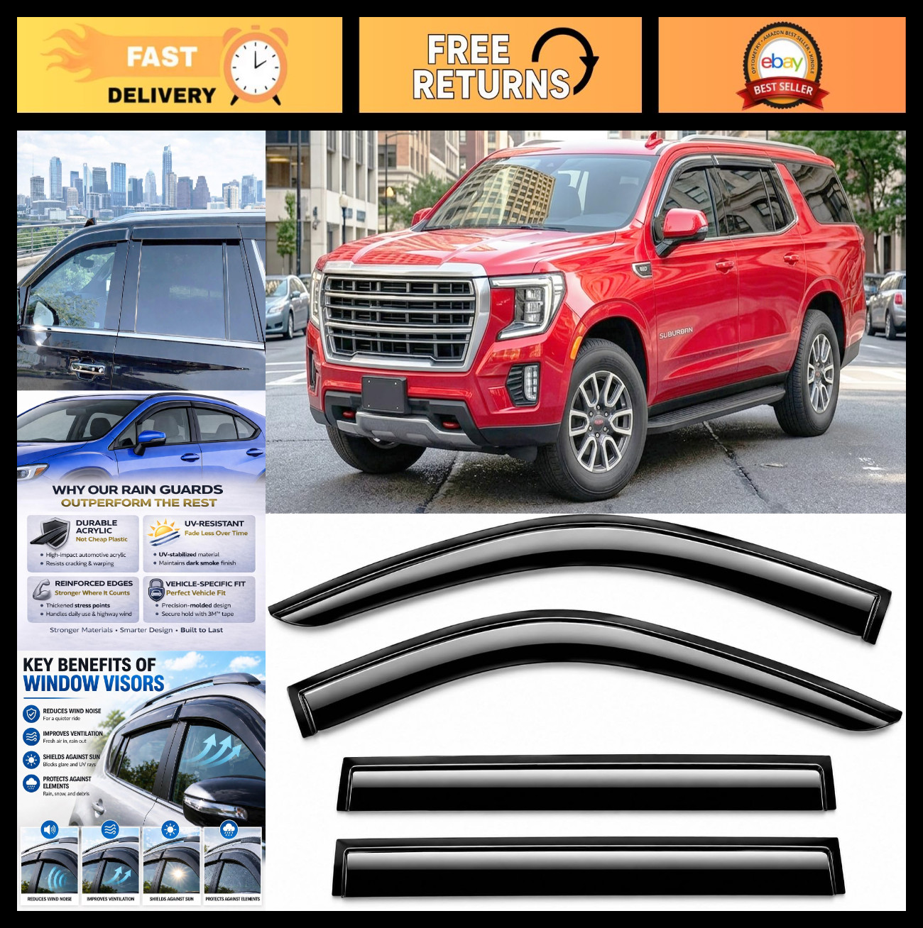 Tape-On Rain Guards for Chevrolet Suburban & GMC Yukon XL - Extra Thick Window V