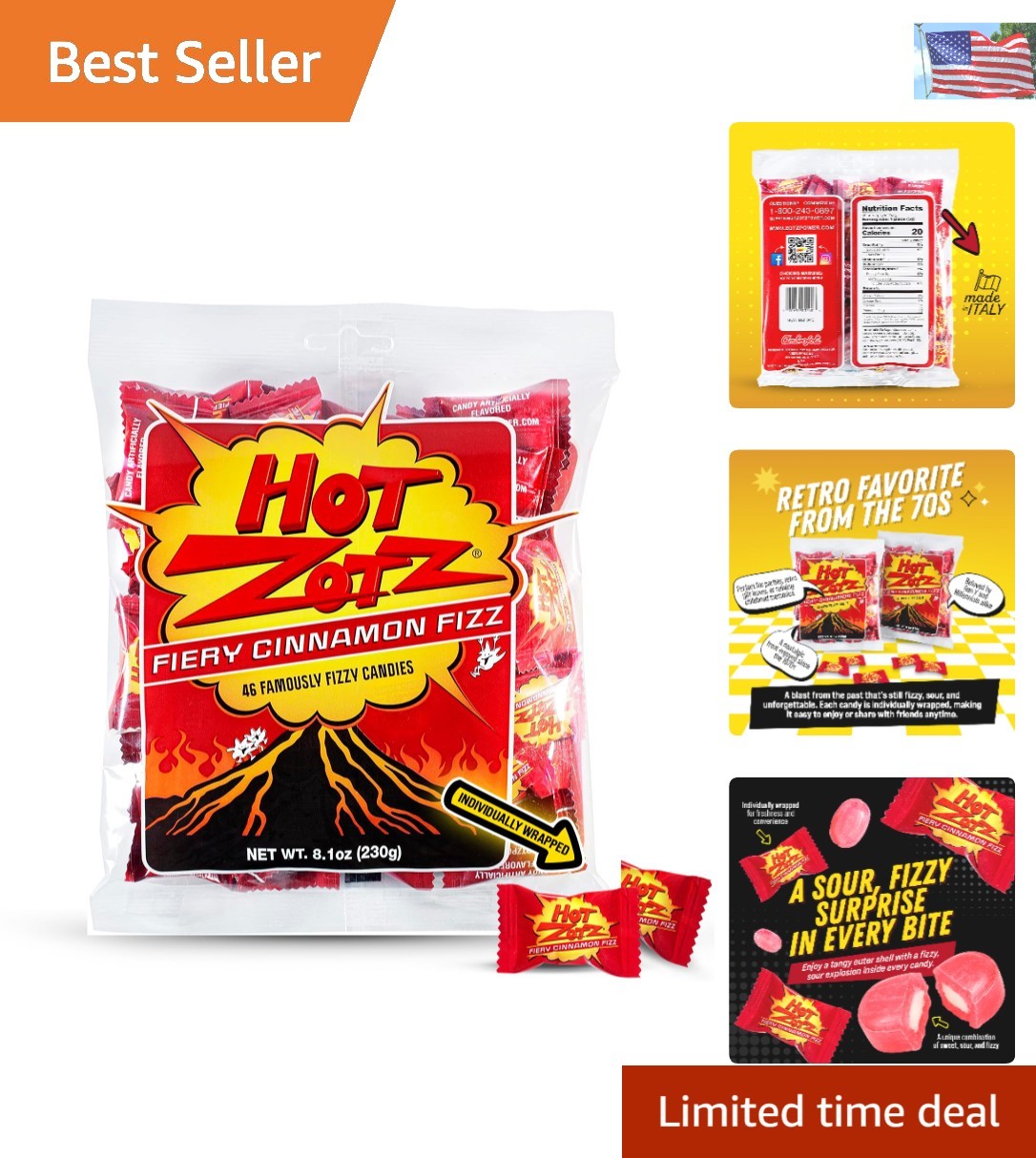 Retro Fizzy Hard Candy - Fiery Cinnamon Flavor, 46 Wrapped Treats from Italy