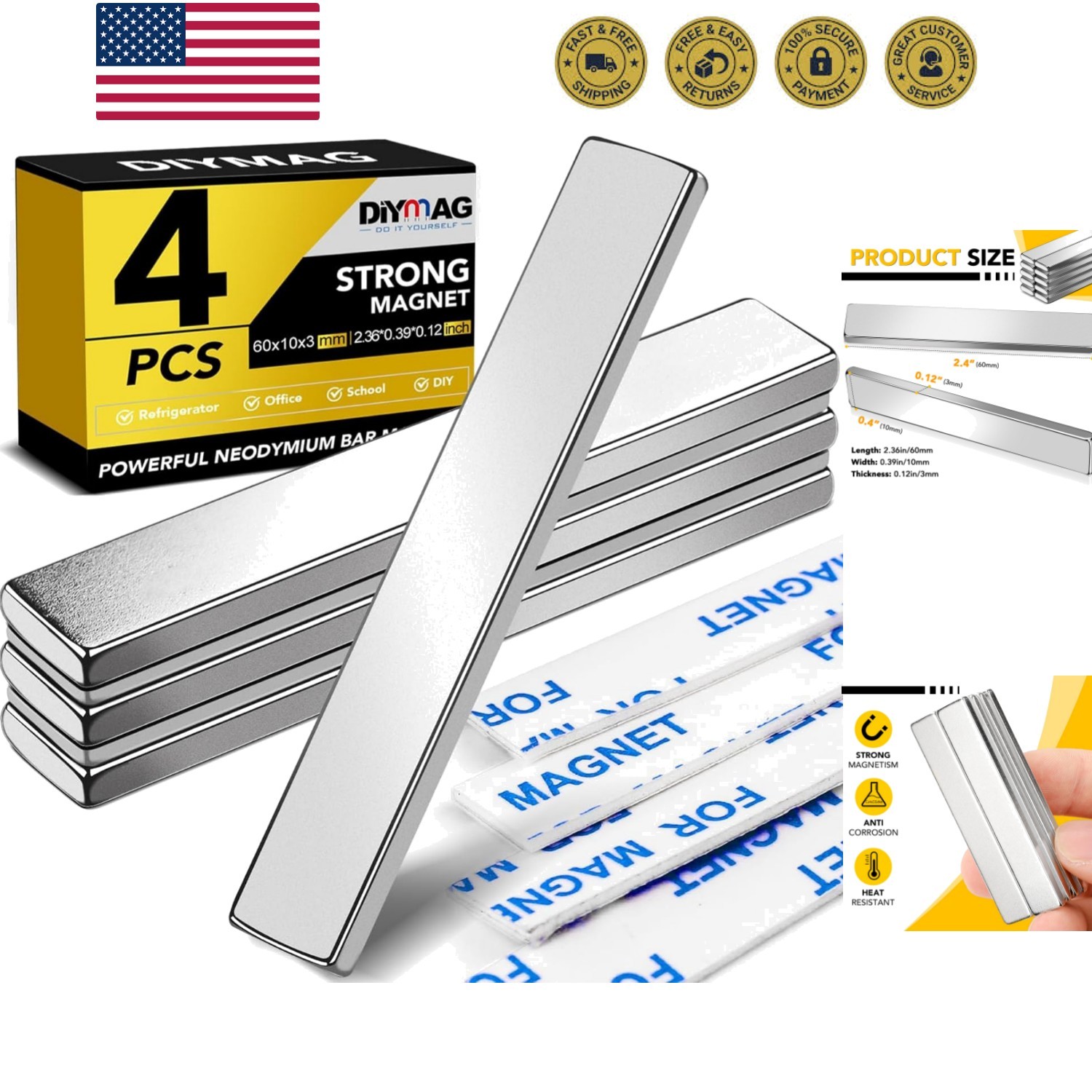 Strong Neodymium Bar Magnets, Rare Earth Magnets with Double-Sided Adhesive, ...