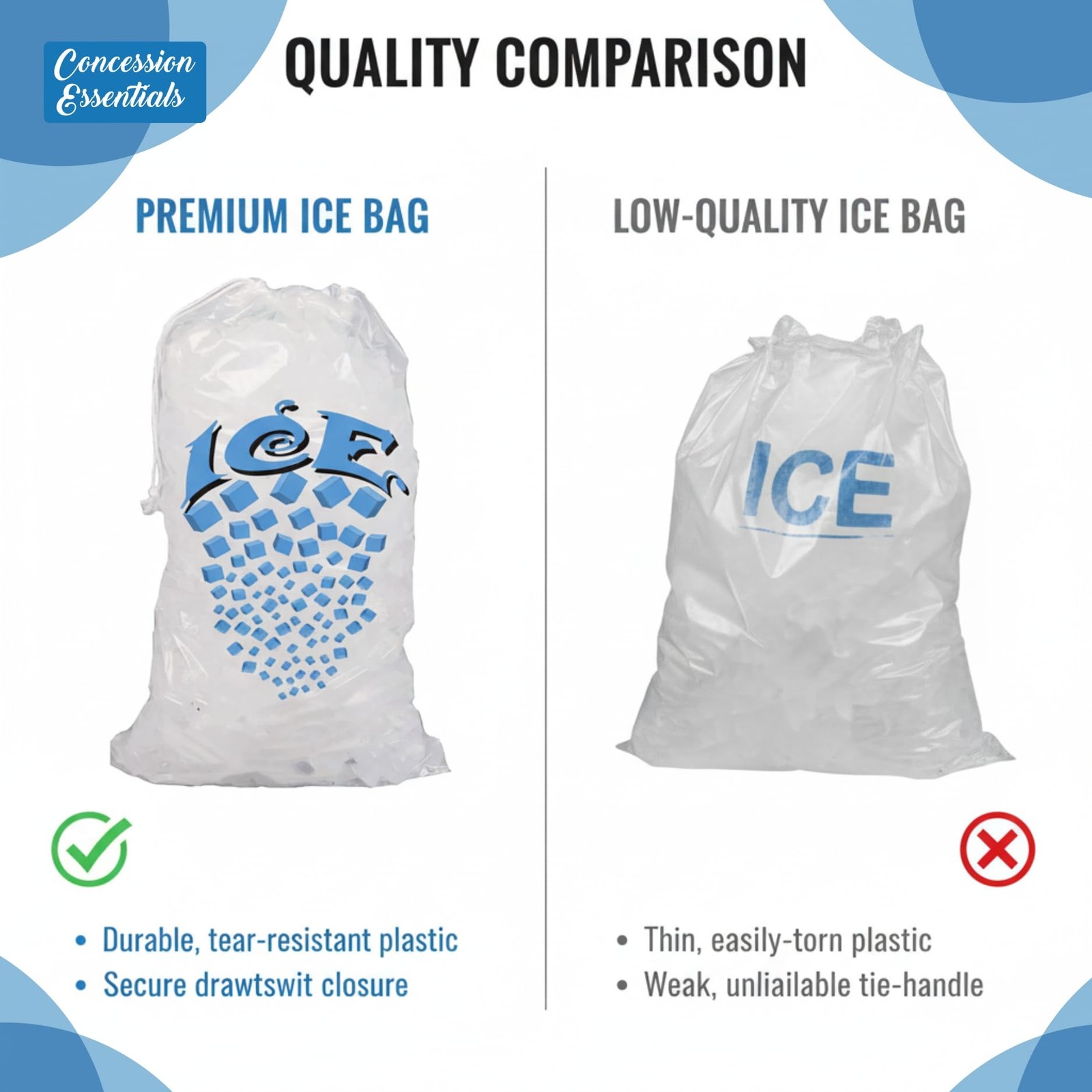 Ice Bags with Drawstring and Cotton Handle, 5 lb Capacity, 100 Count