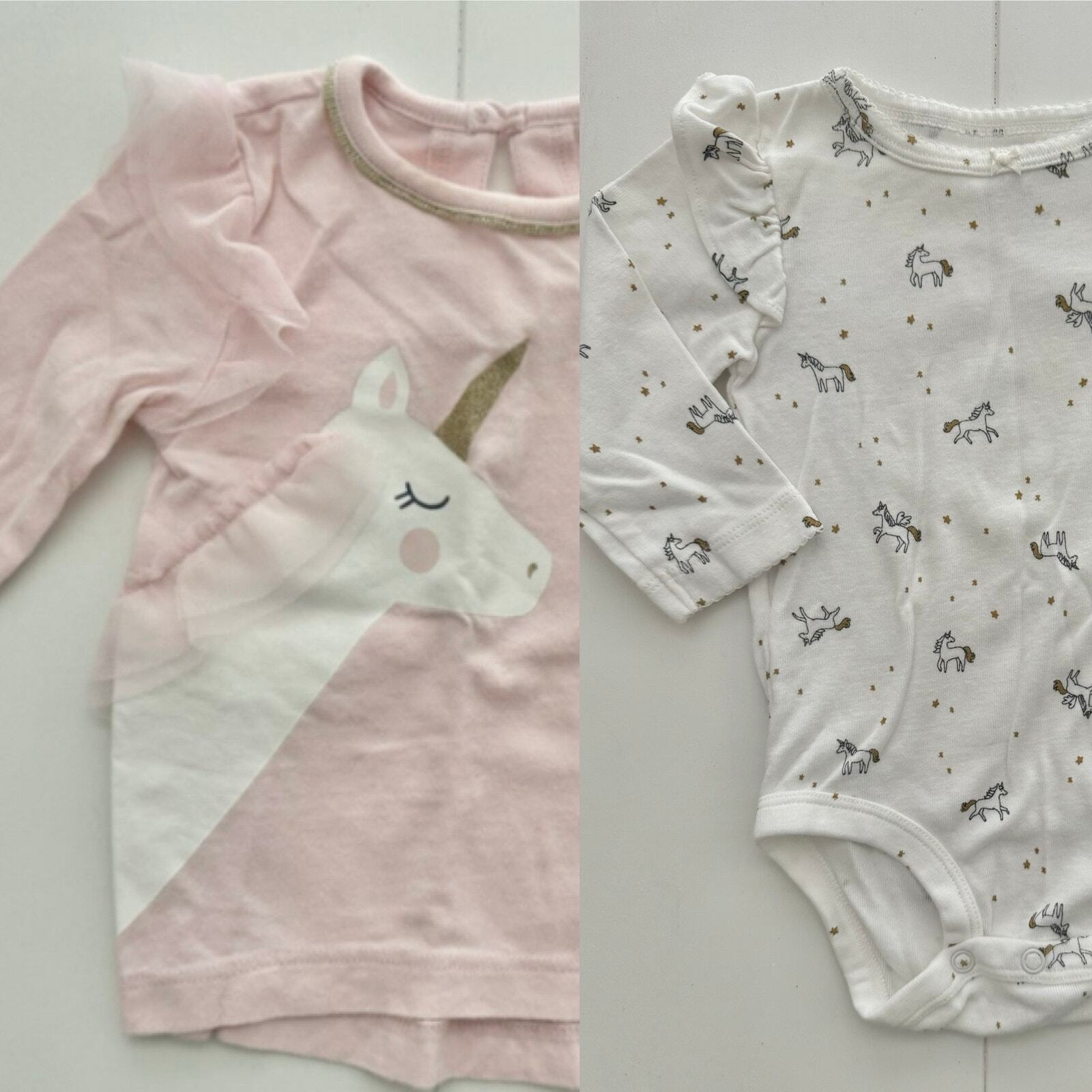 BUNDLE Carter's 6m Pink L/S Unicorn w/Tulle Ruffle Top & White Unicorn One Piece