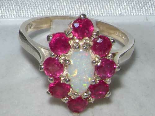 Solid 925 Sterling Silver Natural Opal & Ruby Womens Cluster Ring
