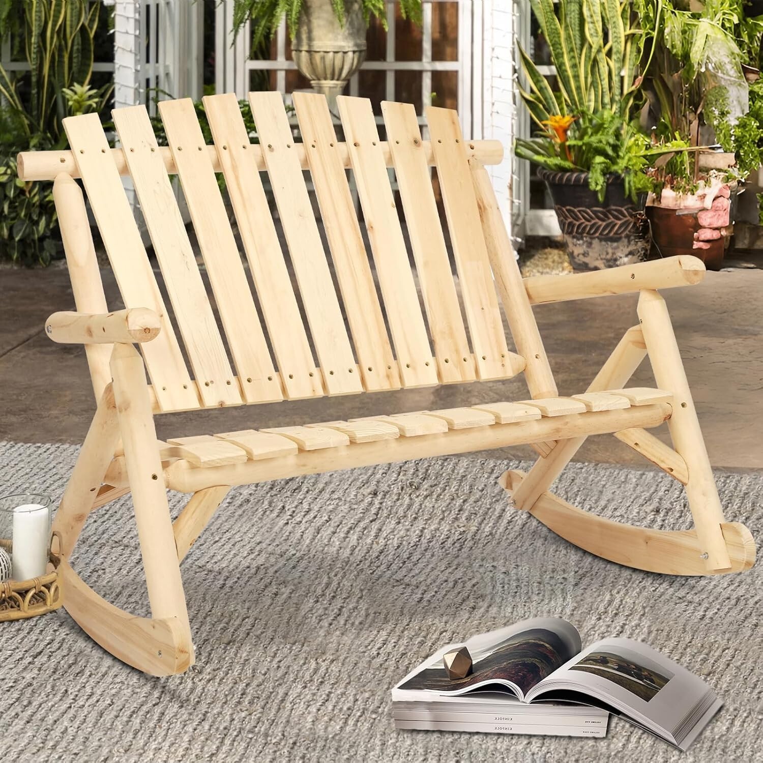 Wooden Adirondack Log Rocker Loveseat 2 Seat Indoor Outdoor Wood Rocking Bench