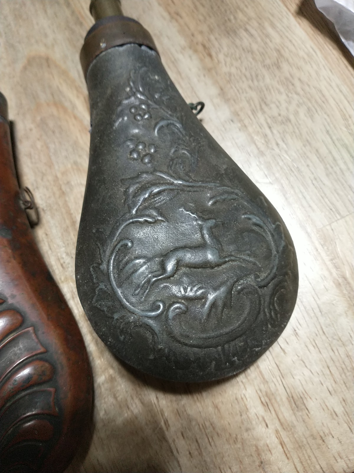 2 PCS Vintage Powder Flasks Shell & Acanthus Pattern & Running Deer FOR DISPLAY