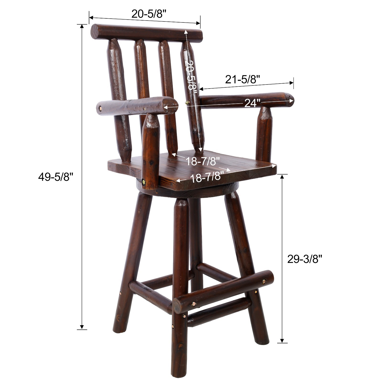 Rustic Fir Wood Bar Stool with Footrest & Wide Armrest, Brown