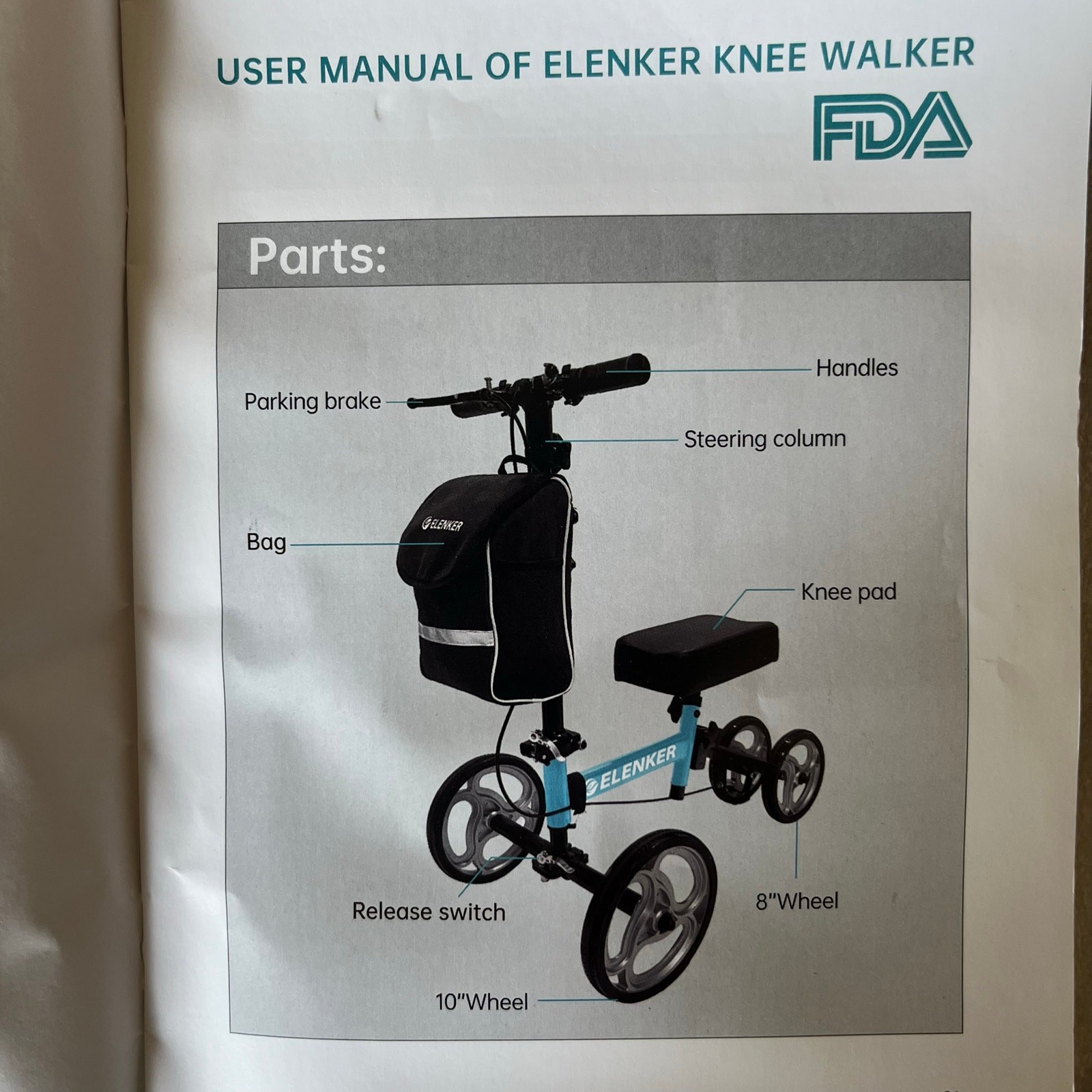 Elenker Knee Walker YF-9003 Steerable Scooter Mobility Black