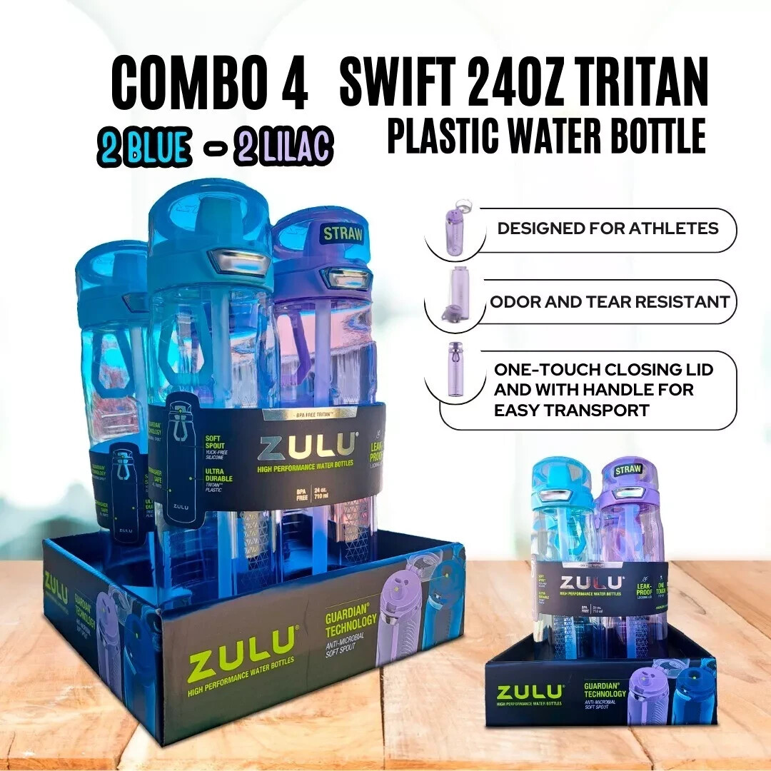 ZULU Water Bottle w/ Straw for Sports Travel 24 ozTRITANLeaKproof COMBO 4 BOTTLE