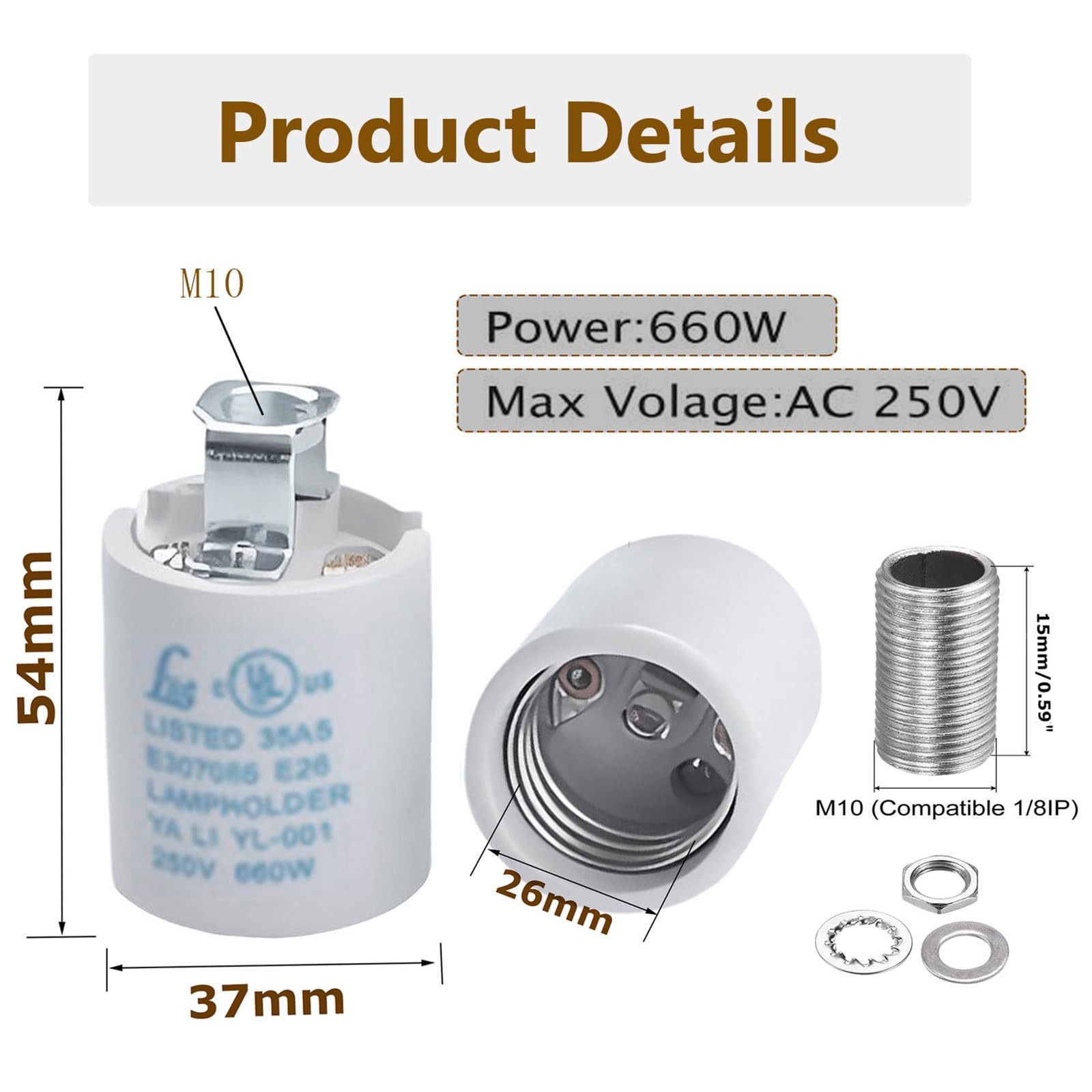 Keyless E26 Porcelain Socket,Ceramic Medium Base Screw Socket with Hickey IPS...