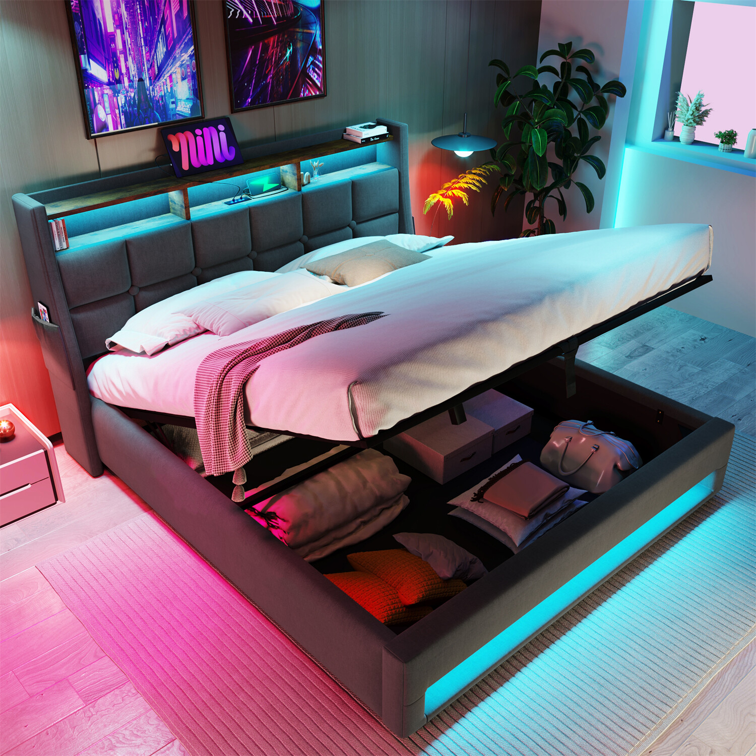 Queen Size LED Bed Frame Upholstered Platform Bed w/ Hydraulic Storage System