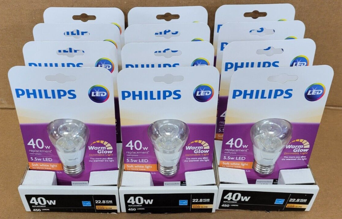 PACK OF 12 Philips LED Dimmable A15 Soft White Light Bulb Warm Glow Effect 450L