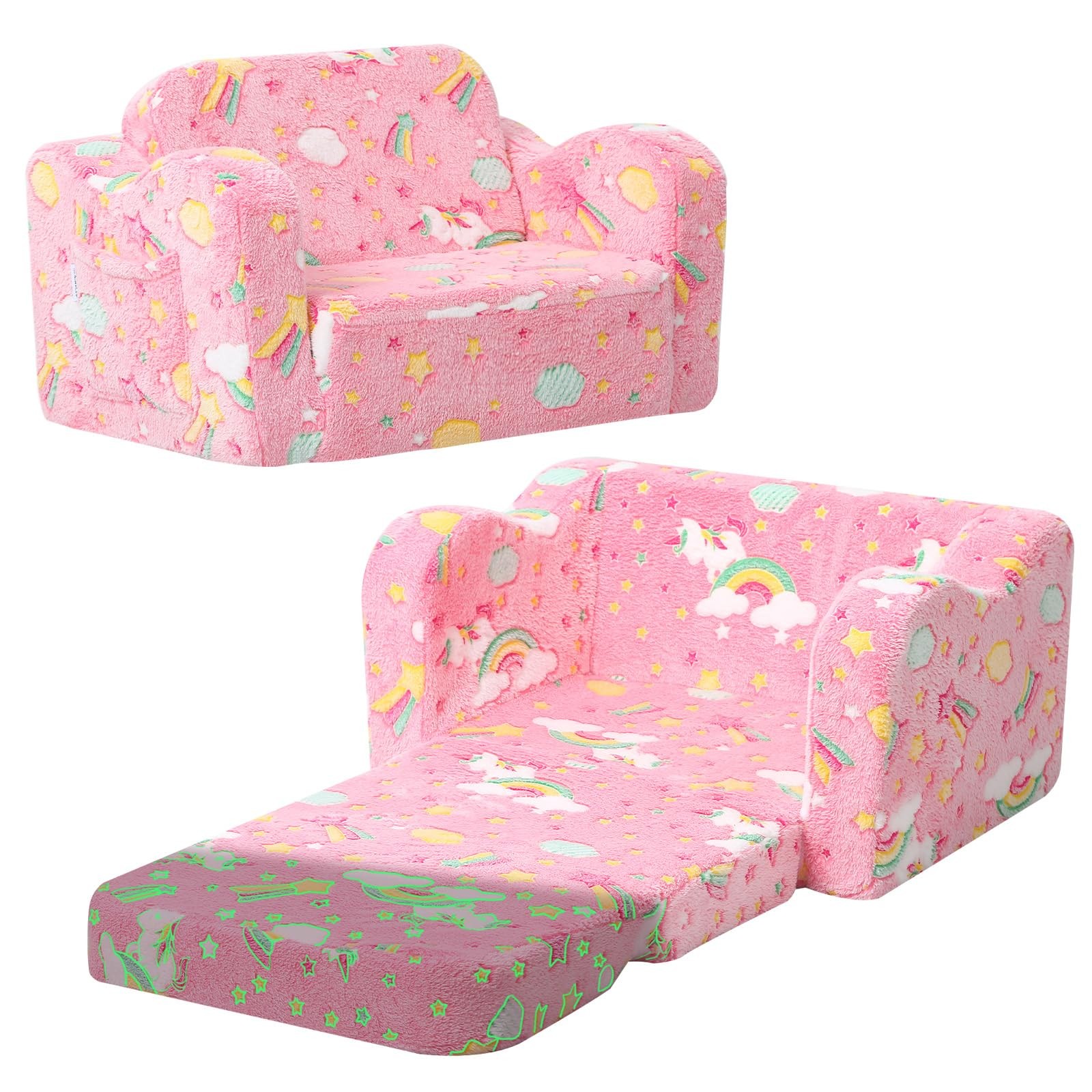 Folding Toddler Chair, Soft Plush Fold Out Kids Couch Sofa Glow in The Dark, Com