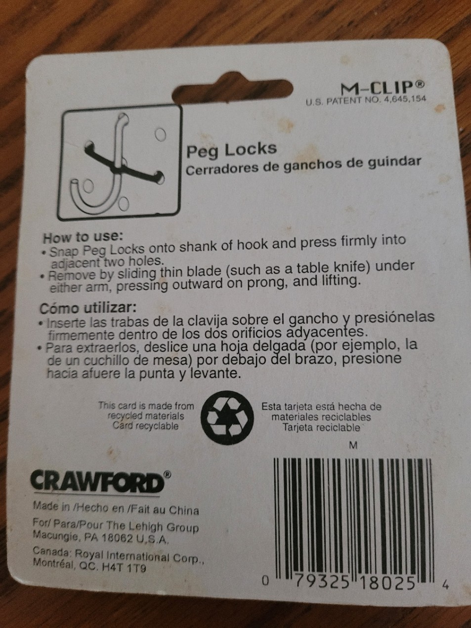 4 pk 25 ct each 100 total Crawford Peg locks Item # 18025