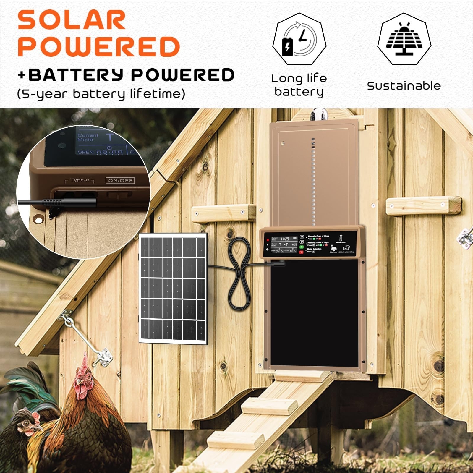 AsFrost Automatic Chicken Coop Door Solar Powered Timer & Light Sensor