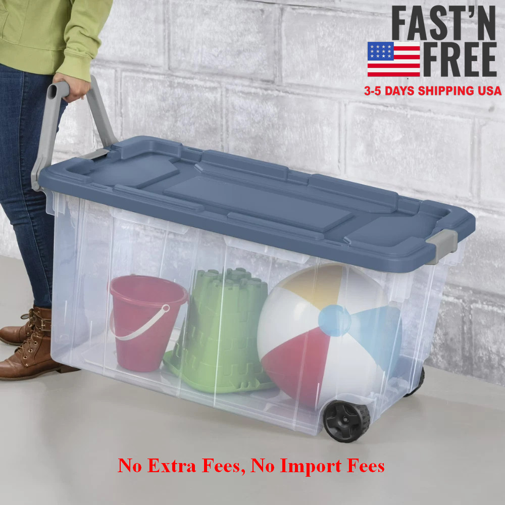 Sterilite 160 Quart Wheeled Storage Box, Plastic Bin, Blue Moonlight, Set of 2