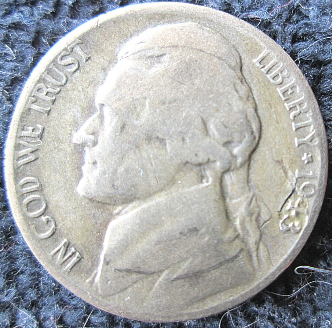 1943-P JEFFERSON 35% SILVER, OBVERSE PEELING LAMINATION ERROR, F/VF CIRCULATED