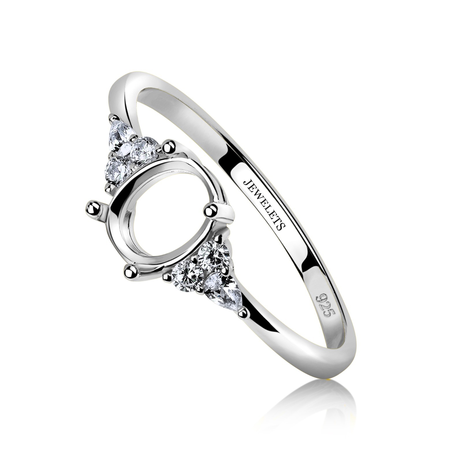 Silver Ring Blank 6x8mm with CZ Side Stones – Oval Prong Setting for Gemstone