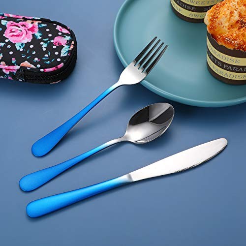 Travel Utensils,Reusable Silverware Set To Go Portable Gradient Blue + TeaSpoon