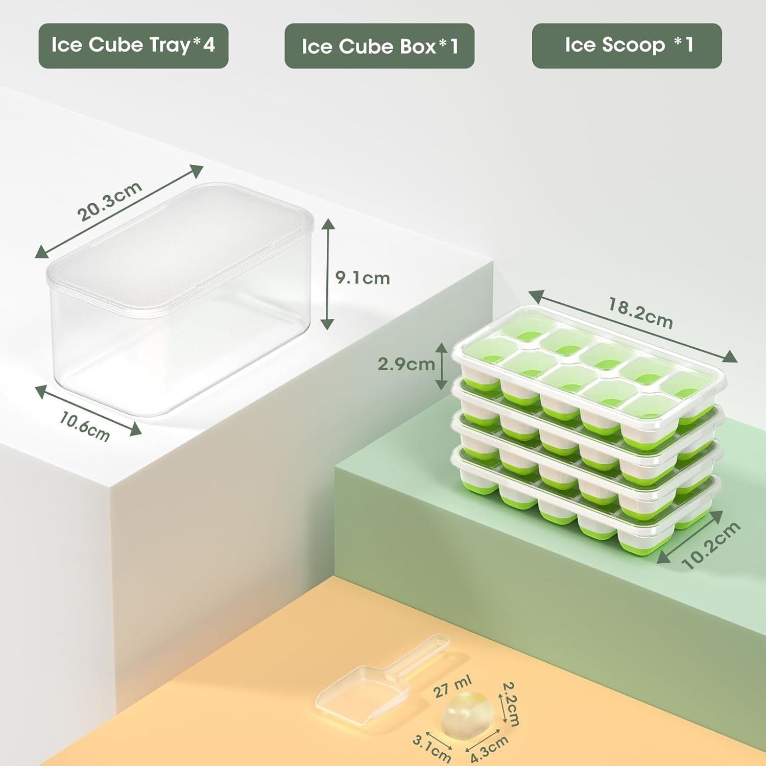 Silicone Ice Cube Trays for Freezer, 4 Pack with Storage Bin &