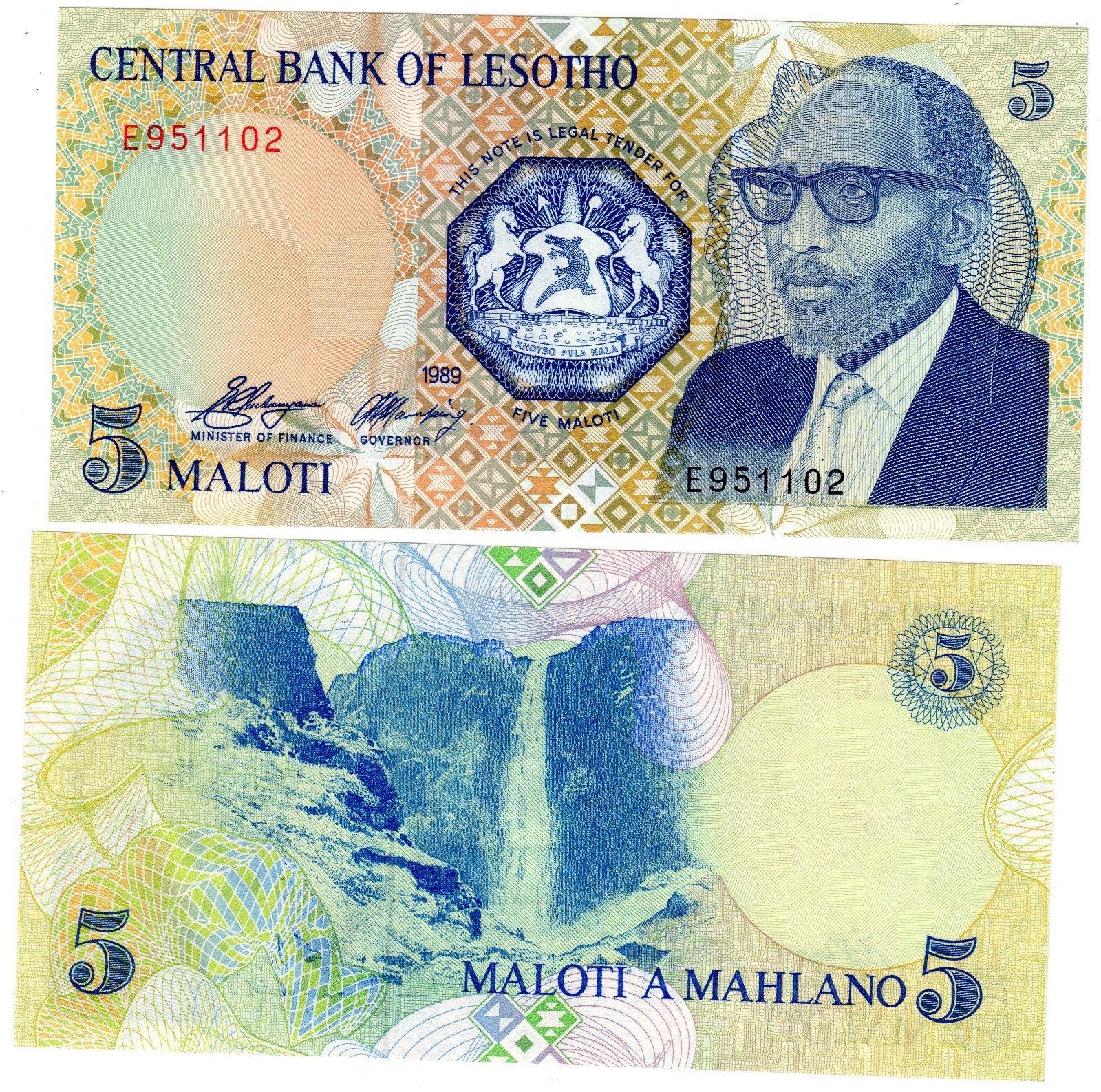 Lesotho Billet 5 MALOTI 1989 P10 King Moshoeshoe II NEW UNC