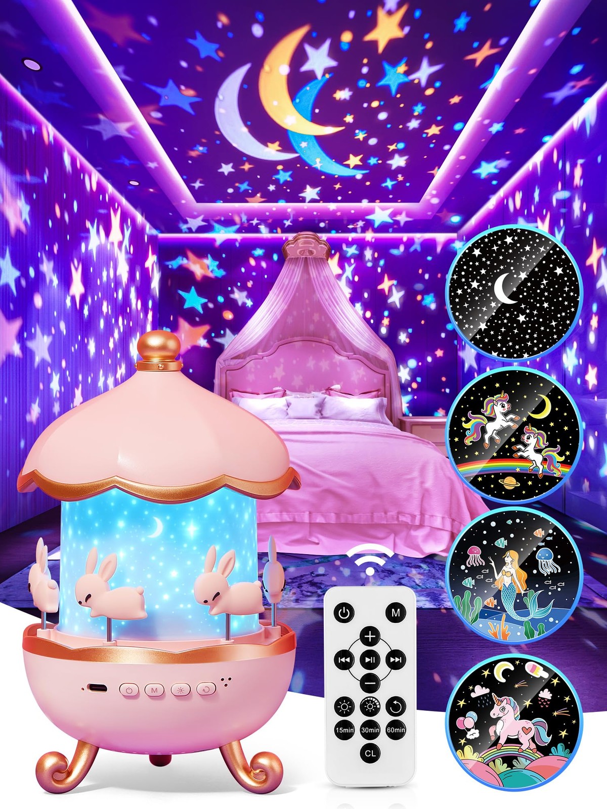 Carousel Night Light for Kids, 15 Music+15 Films+315 Colors Star Projector fo...