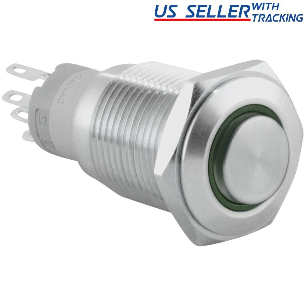 16mm 12V LED Momentary Push Button Stainless Steel Power Switch, Green
