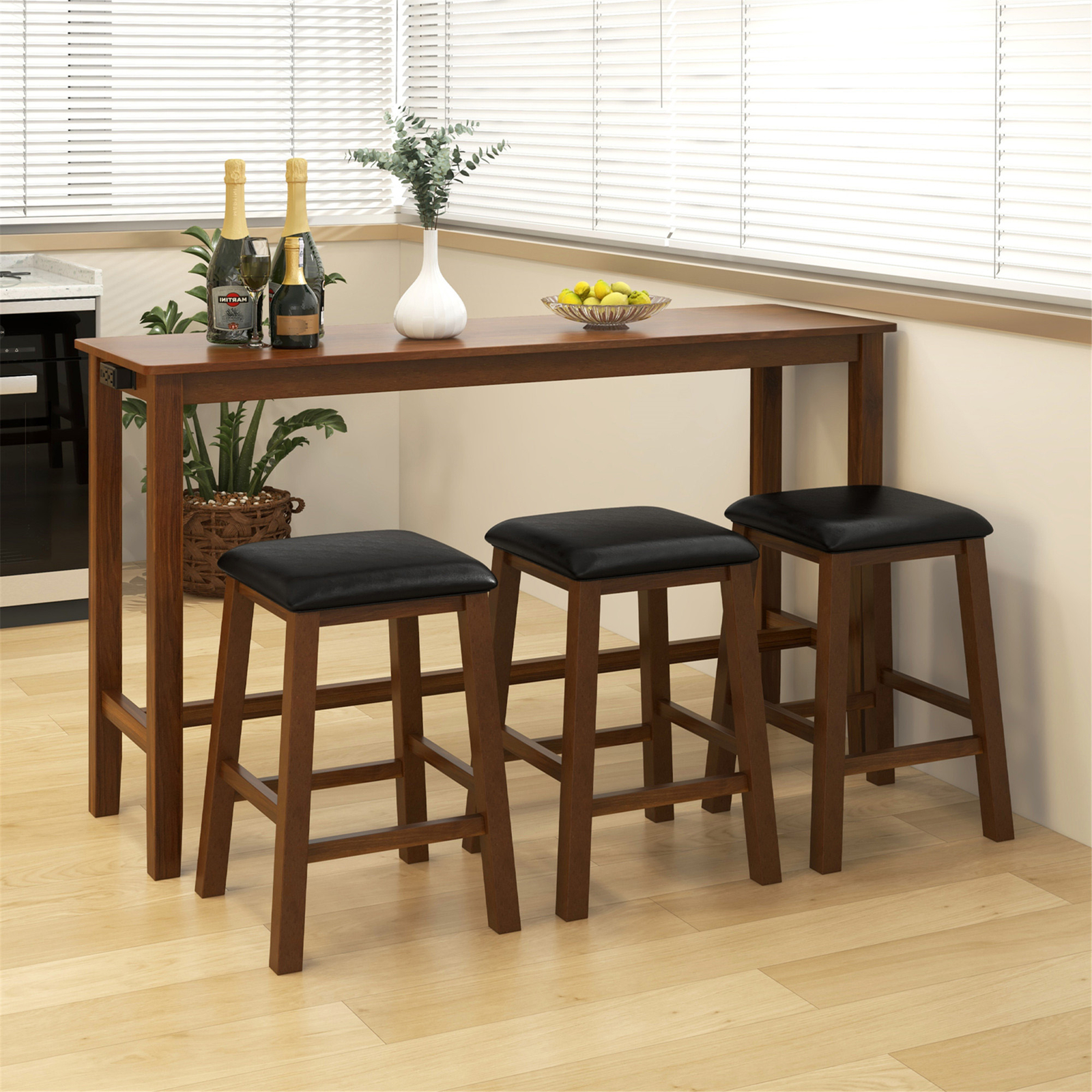 4-Piece Bar Table Set w/ Power Outlet Counter-Height Table & 3 Bar Stools