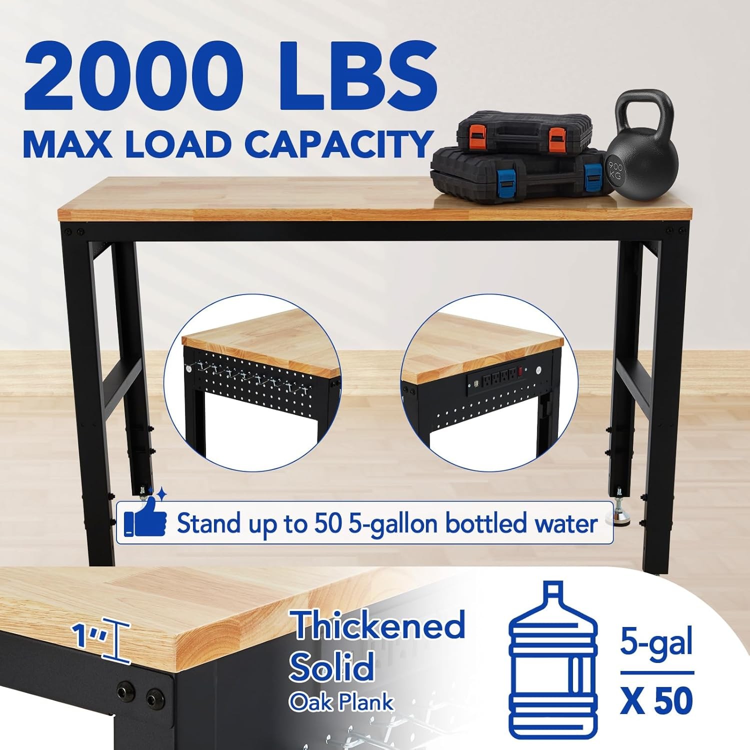 Height Adjustable Workbench 60"x 20" 2000 Lbs Capacity Heavy-Duty Power Outlets