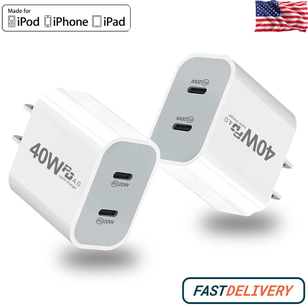 Dual USB-C Fast Charging Block For iPhone 17 16 15 14 40W PD Type-C Adapter Lot