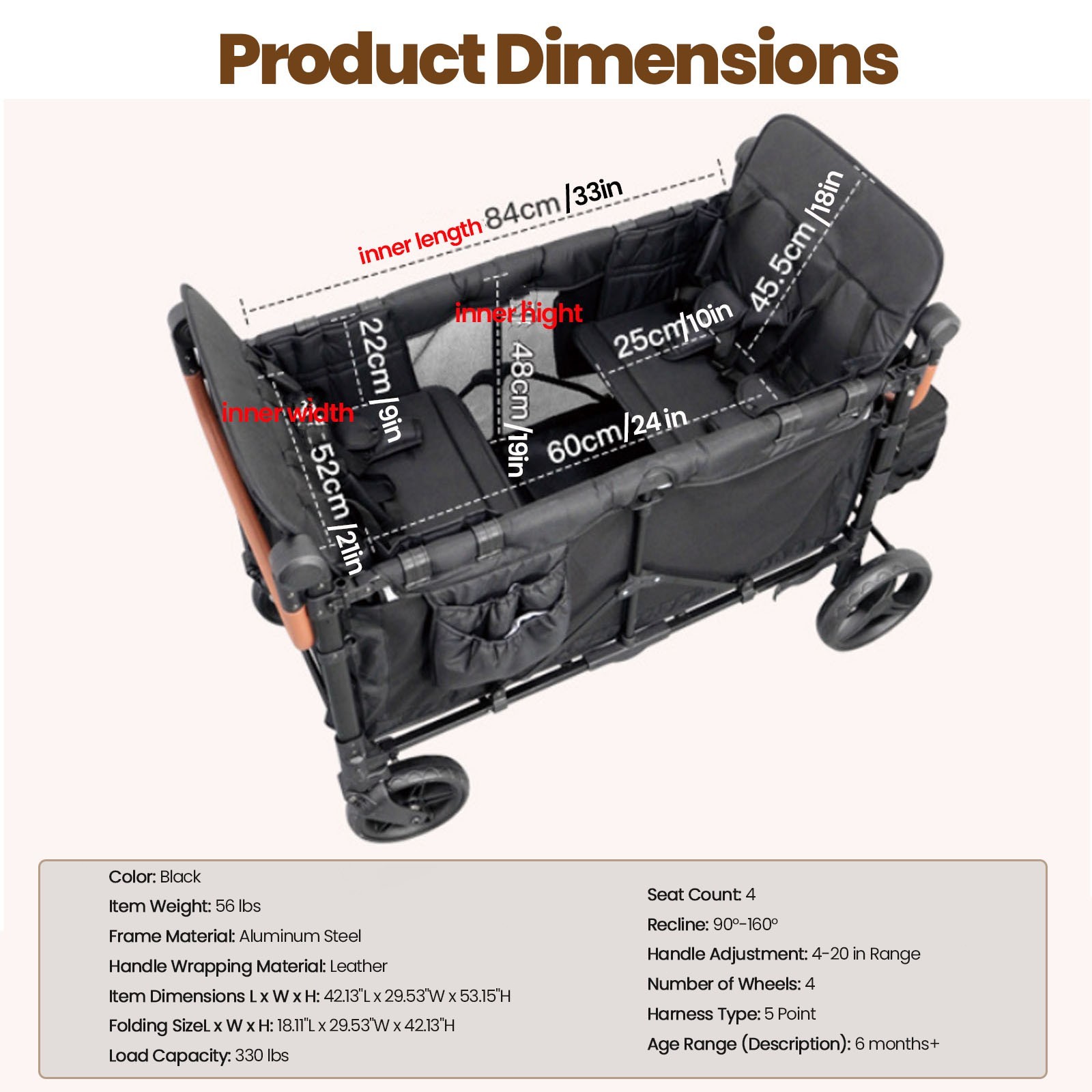 Wagon Stroller 4 Kids Push Pull Quad Collapsible Stroller 330LB Parent Organizer