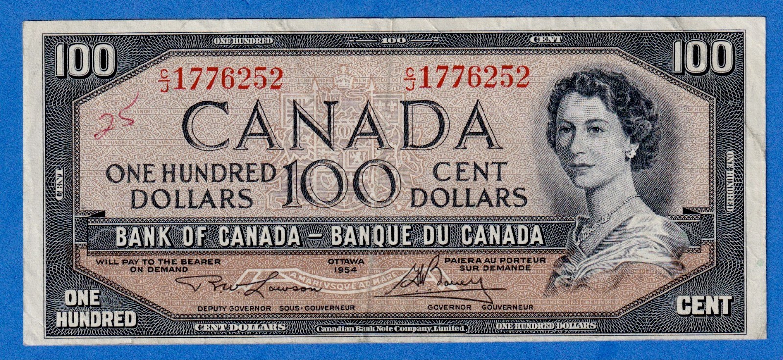 Canada $100 1954 BC-43c / P-82c - QE II - Circulated Note C/J 1776252