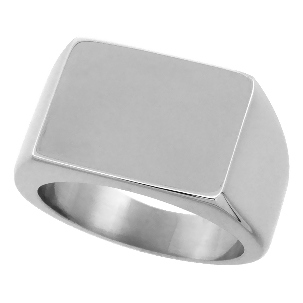 Stainless Steel Rectangular Signet Ring, Solid Back Flawless Finish