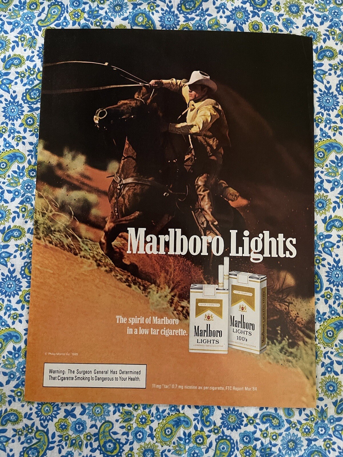 Marlboro Lights Cigarettes 1985 Print Ad Horse Cowboy Roping
