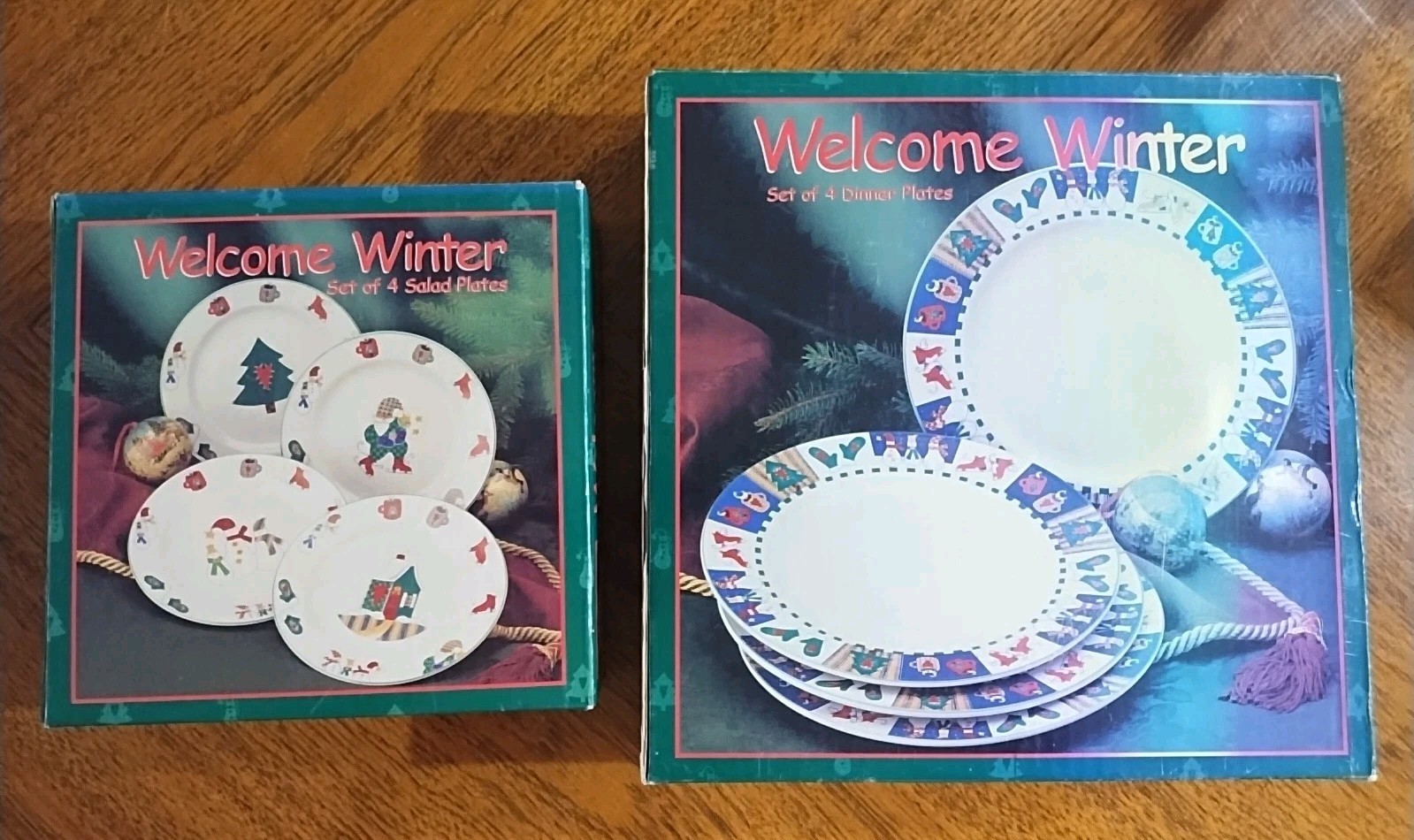 Vintage Winter Welcome Stoneware Set of 4 Christmas Salad And Dinner Plates NOS
