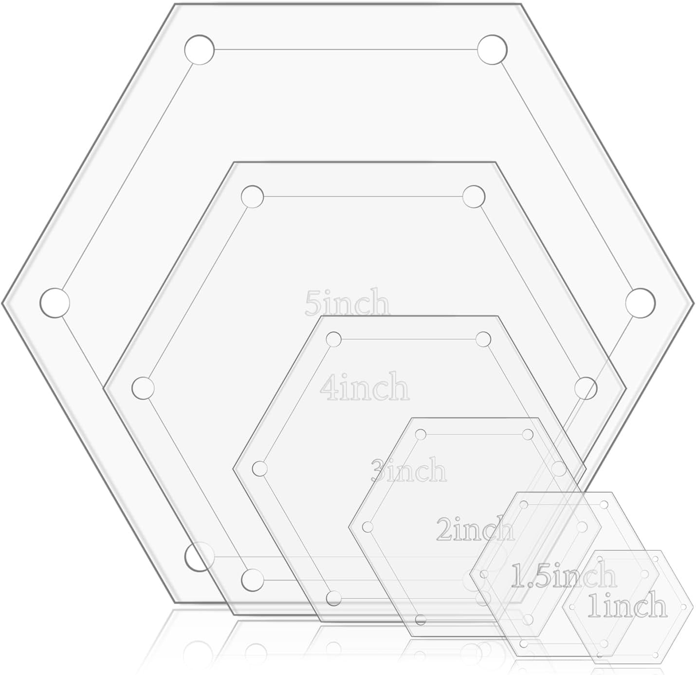 6 Pieces Hexagon Templates Quilting 1 Inch, 1.5 Inch, 2 Inch, 3 Inch, 4 Inch, 5