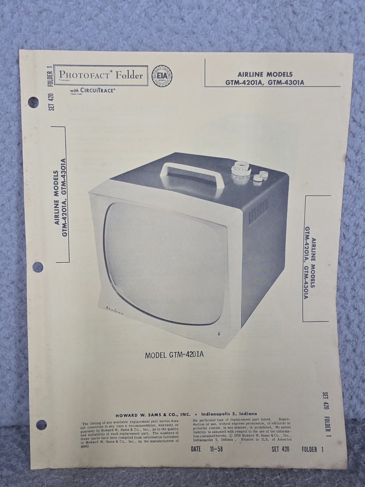 Airline GTM-4201A GTM-4301A Sams Photofact Television Repair User Manual 1958