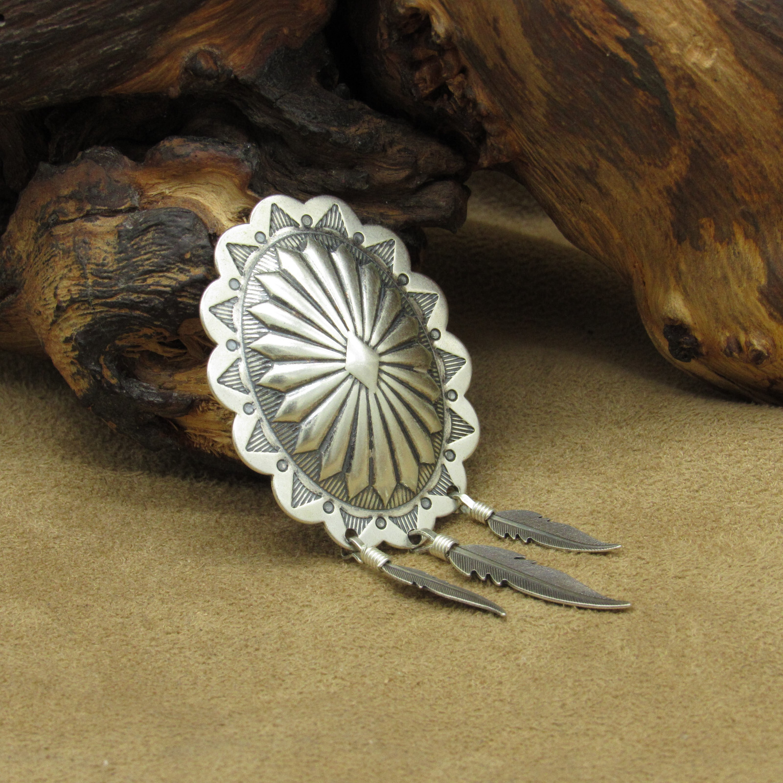 Sterling Silver Concho Button Cover With Dangling Silver Feathers