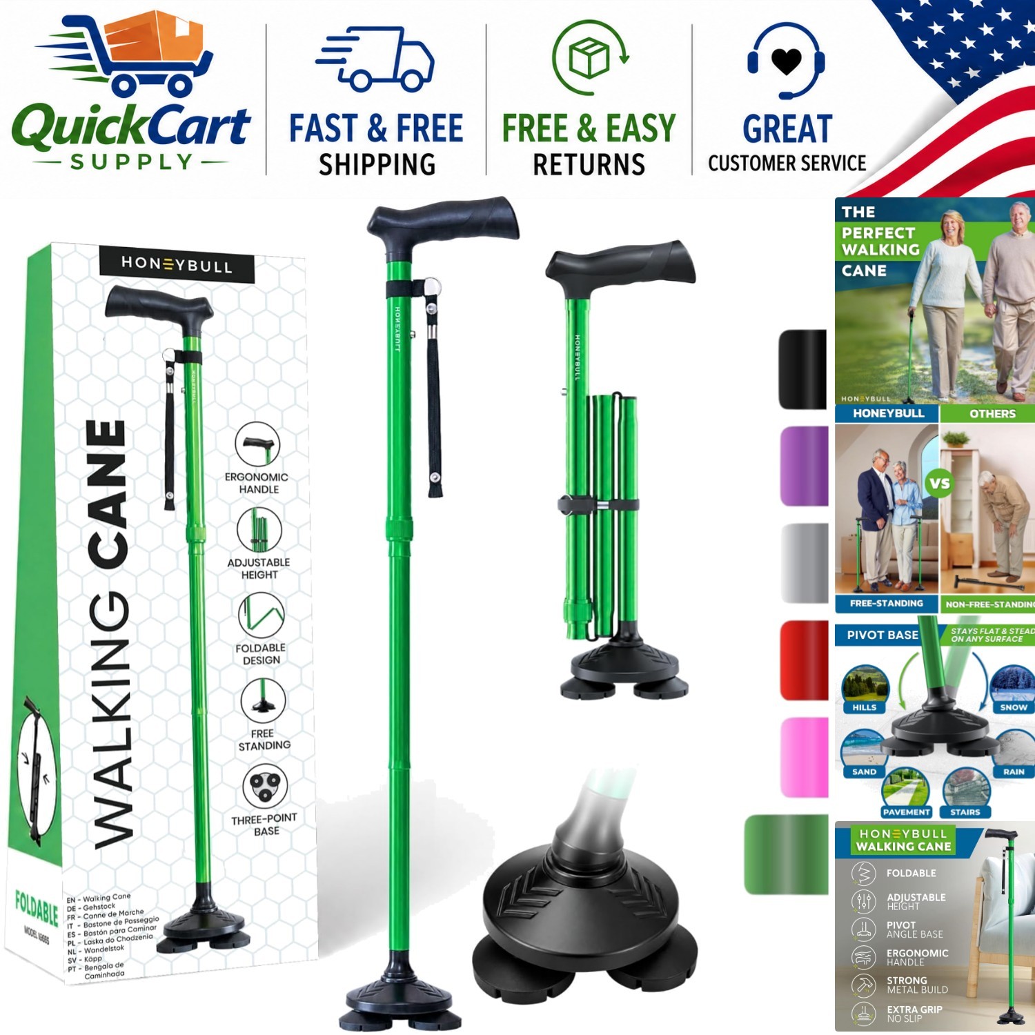 Portable Walking Cane with Pivot Base, Adjustable Height 30 to 36 in for Seniors